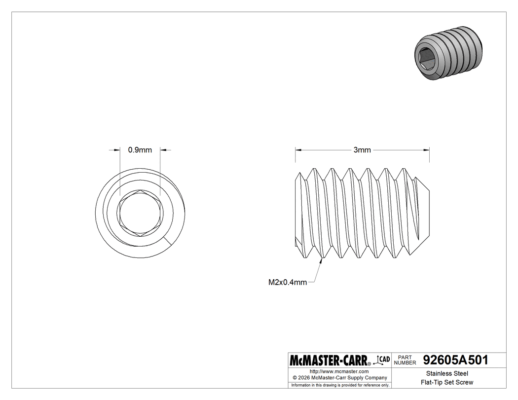Technical Drawing of Stainless Steel Flat-Tip Set Screw, Super-Corrosion-Resistant 316, M2 x 0.4 mm Thread, 3 mm Long.